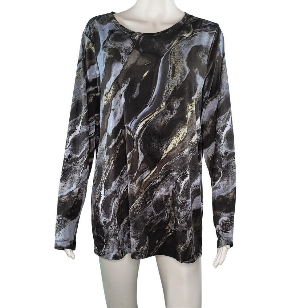 Susan Graver Liquid Knit Black & Gray Marble-Print Long Sleeve Top